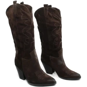 Stivali Con Tacco | Stivali Texani | Personal Stivali Texani Camperos Ricamati con tacco "Leyla" - Camoscio Testa di Moro TestadiMoro