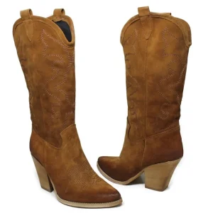 Stivali Con Tacco | Stivali Texani | Personal Stivali Texani Camperos Ricamati con tacco "Leyla" - Camoscio Cuoio