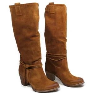 Stivali Con Tacco | Stivali Estivi | In Time Stivali Traforati in Camoscio con Tacco "5020" - Cuoio