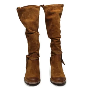 Stivali Con Tacco | Stivali Estivi | In Time Stivali Traforati in Camoscio con Tacco "5020" - Cuoio